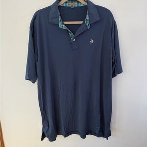 Peter Millar Navy Polo with Plaid Collar Trim XL